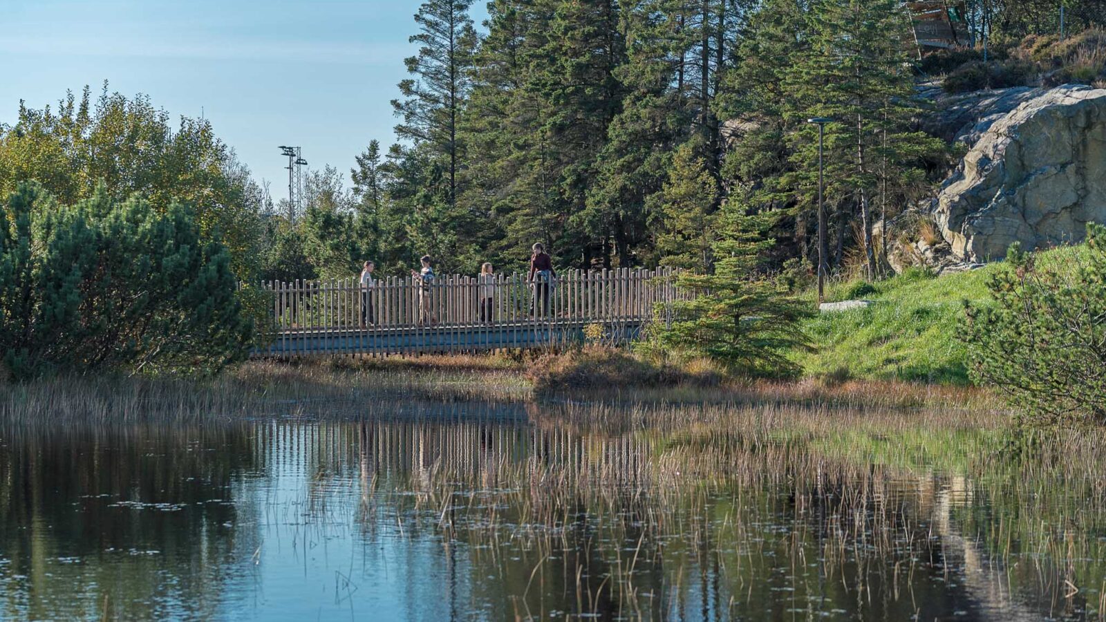 Gangbru i tre over vann. (foto: Ingrid Holm Andersen)