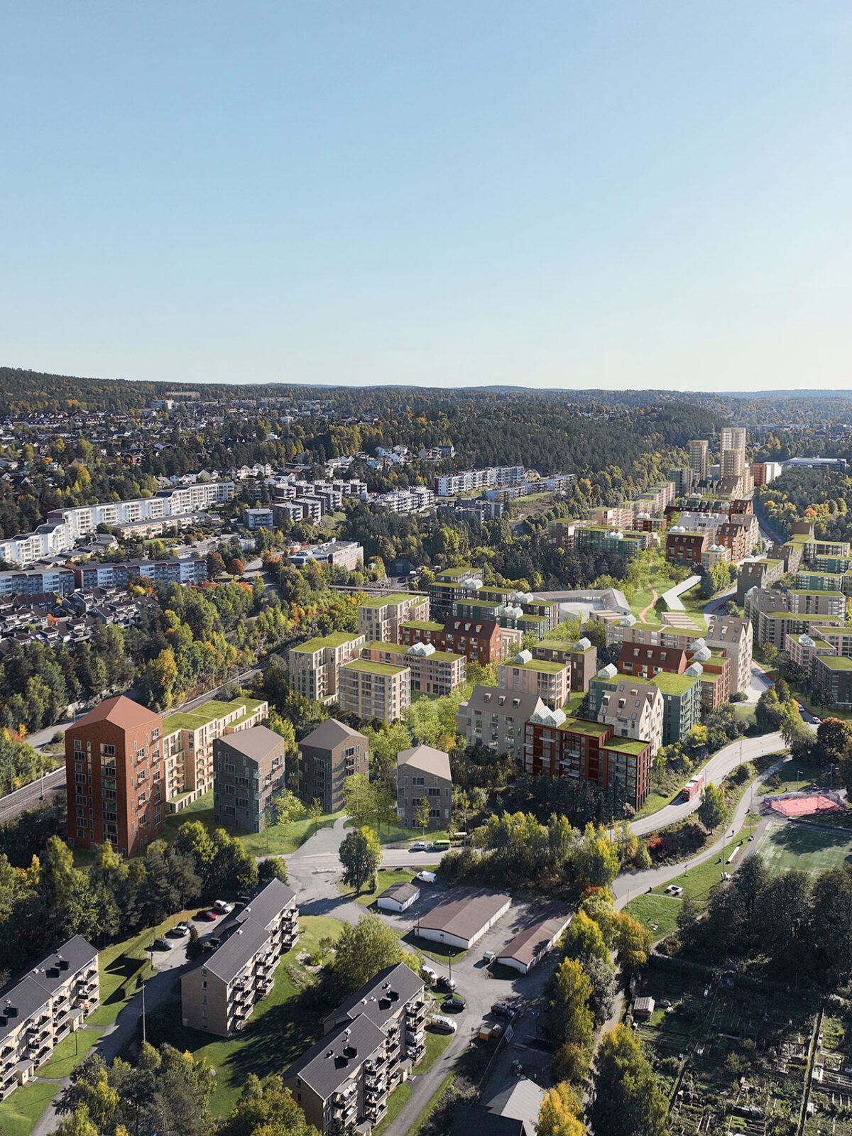 Illutstrasjon sett ovenfra av hvordan området Rosenholm kan bli. Illustrasjon: Asplan Viak og Dyvik arkitekter