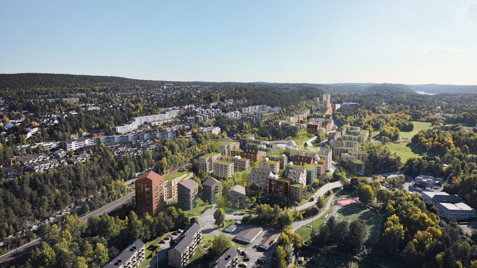 Illutstrasjon sett ovenfra av hvordan området Rosenholm kan bli. Illustrasjon: Asplan Viak og Dyvik arkitekter
