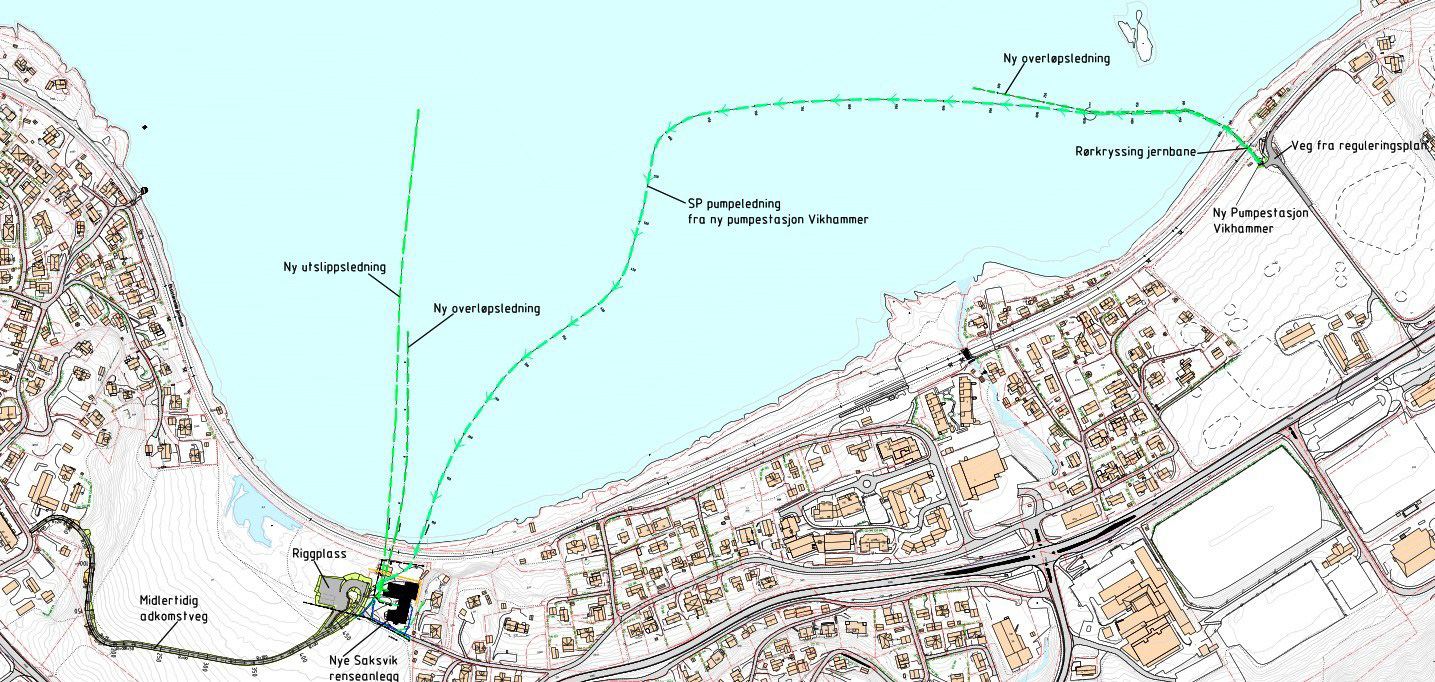 Saksvik renseanlegg kart med oversikt over ledningsanlegg