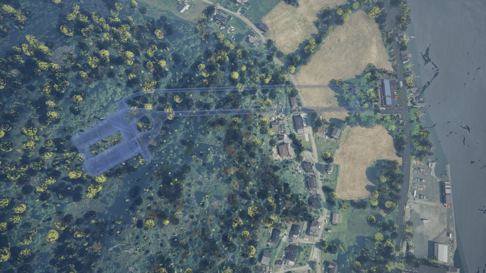 Visualisering av administrasjonsbygget til høyre, og med blått omriss vises tunnelene inn fra administrasjonsbygget og fjellhallene selve renseanlegget skal bygges i. Montasje: Asplan Viak