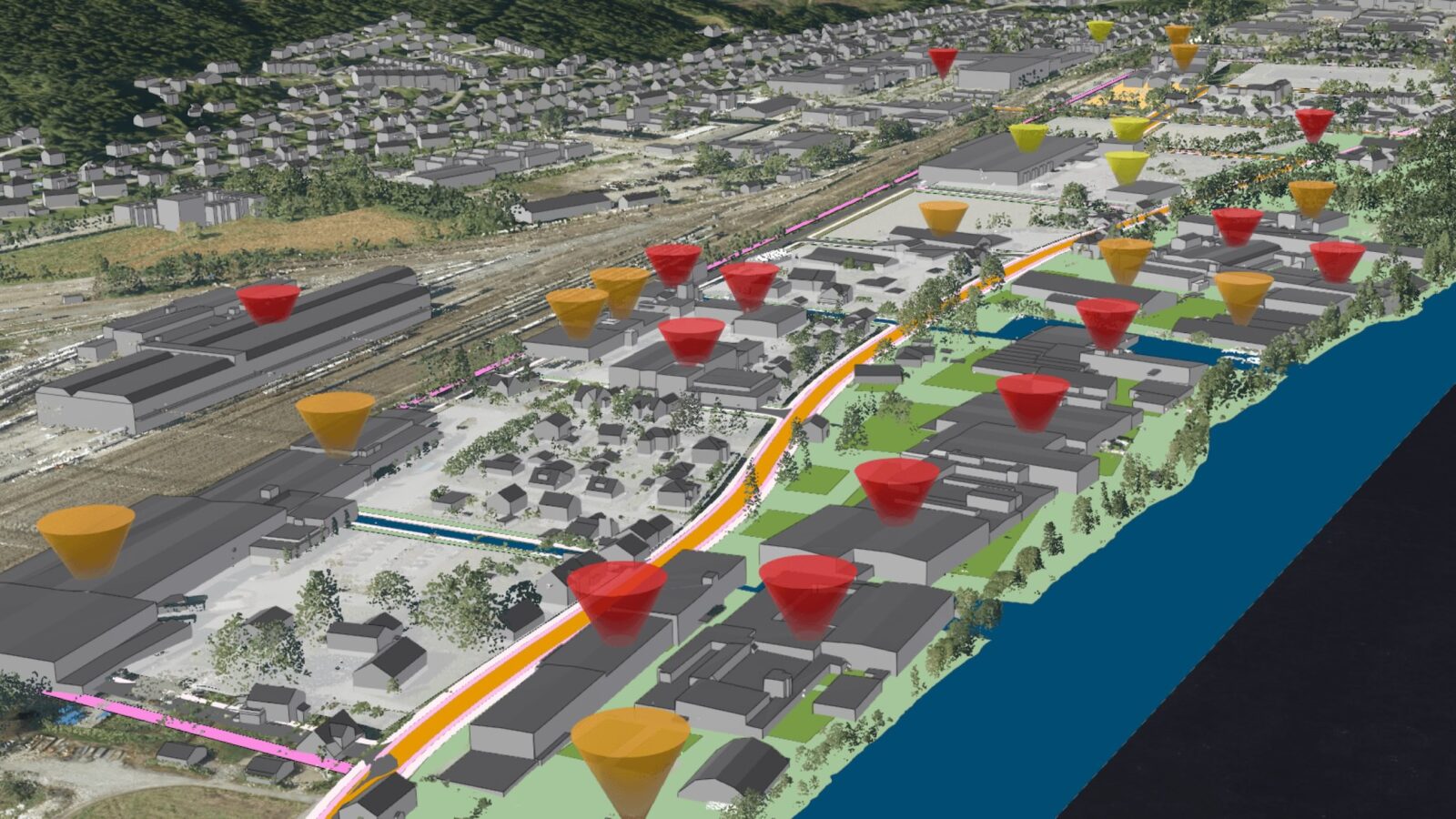 3D-kart over område med næring og private boliger, der fargede markører angir energiforbruk for hver av disse